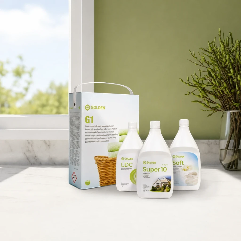 Produse NeoLife pentru curățenie ecologică, G1, LDC, Super 10, Dishwashing Liquid și Soft, prezentate într-un decor luminos și natural.