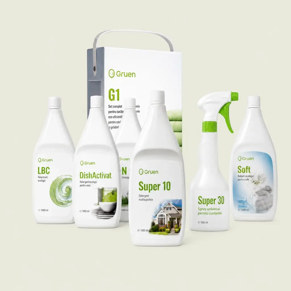 Produse NeoLife pentru curățenie ecologică, G1, LDC, Super 10, Dishwashing Liquid și Soft, prezentate într-un decor luminos și natural.