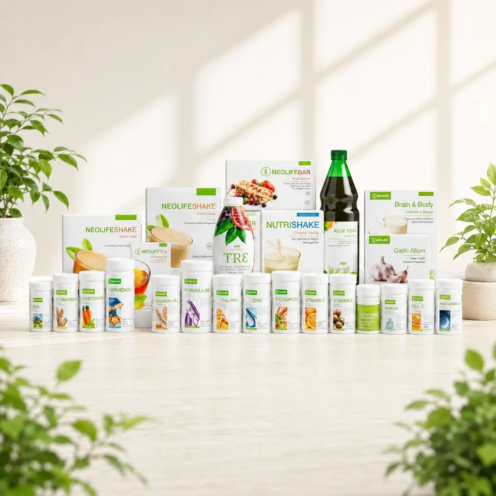 Produse NeoLife pentru nutriție, suplimente alimentare, Aloe Vera, NutriShake și NeoLifeShake, prezentate pe fundal luminos cu accente naturale verzi.