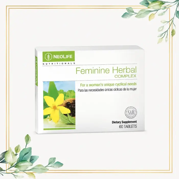 NeoLife Feminine Herbal Complex, supliment alimentar pentru femei, prezentat într-un design elegant cu ramă aurie și frunze verzi decorative.