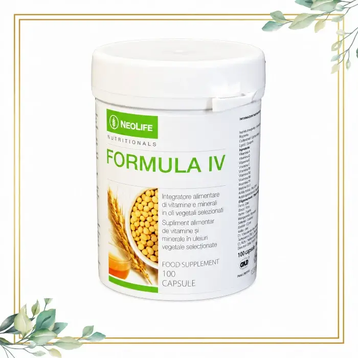 Nutriție celularaNeoLife Formula IV, supliment alimentar cu vitamine și minerale în uleiuri vegetale selecționate, prezentat pe fundal alb cu ramă aurie și frunze decorative.