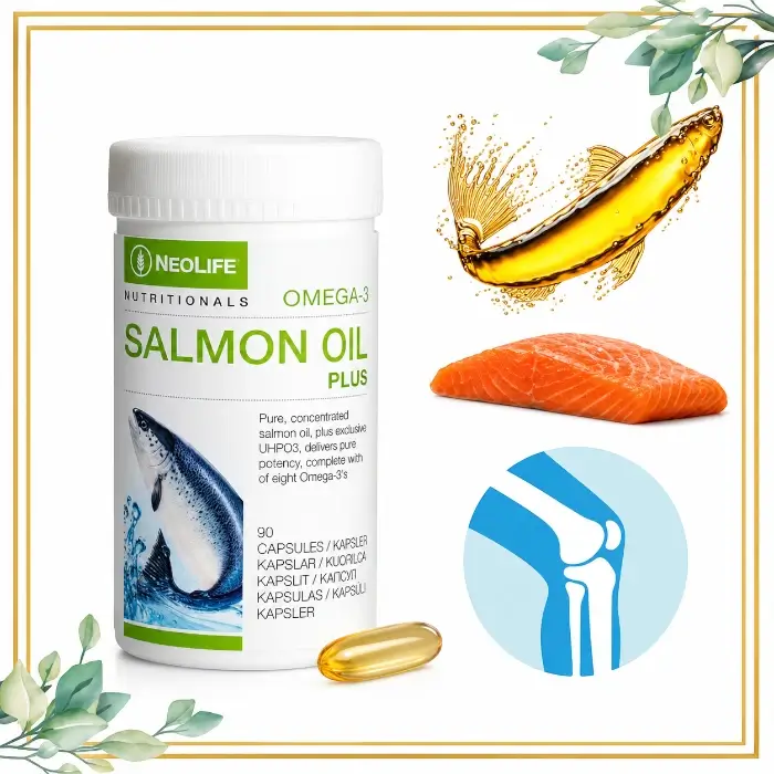 NeoLife Salmon Oil Plus Omega-3, supliment alimentar cu ulei de somon, prezentat pe fundal alb cu ramă aurie, frunze decorative, file de somon și simbol pentru articulații.