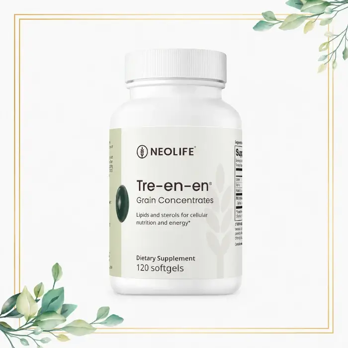 NeoLife Tre-en-en Grain Concentrates, supliment alimentar cu lipide și steroli, prezentat pe fundal alb cu ramă aurie și frunze decorative.