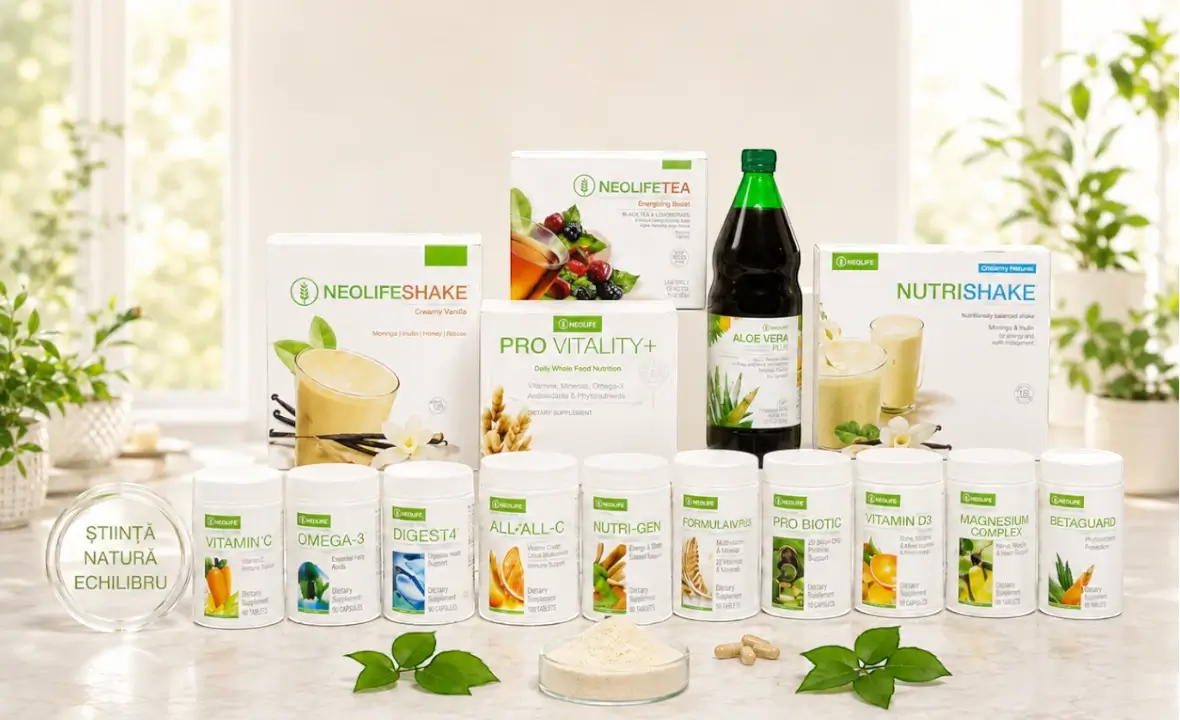 Produse Naturale pentru nutriție, suplimente alimentare, Aloe Vera, NutriShake și NeoLifeShake, prezentate pe fundal luminos cu accente naturale verzi.
